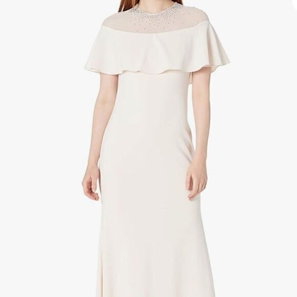 NWT Calvin Klein Full Length Stretch Crepe Beaded Cape Gown Dress Blush Pink 8 - Picture 8 of 8